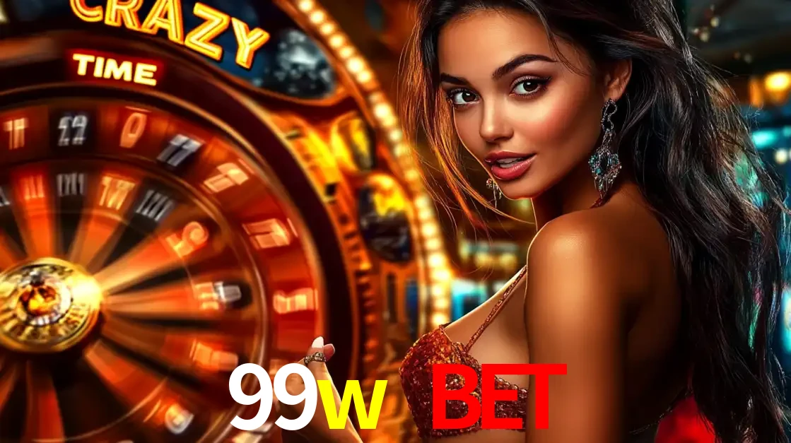 Mulher ao lado da roda de prêmios do jogo de cassino ao vivo Crazy Time, um dos shows de jogos mais emocionantes oferecidos pela plataforma de apostas 99w bet.