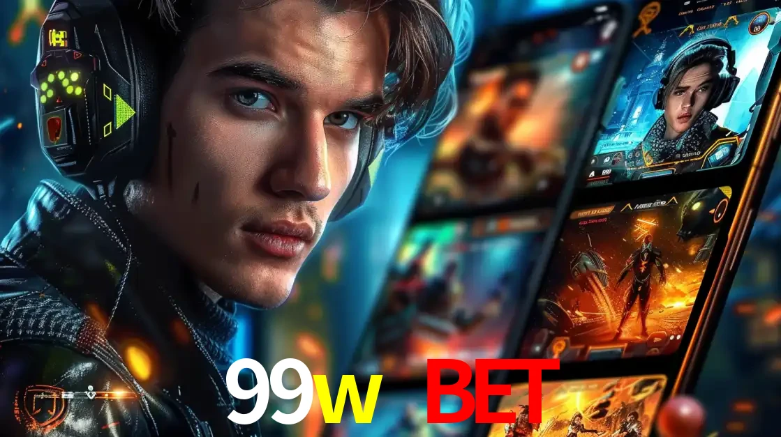 Jovem jogador com fones de ouvido olhando para a câmera, com um aplicativo de jogos e e-sports para celular ao fundo, pronto para a competição e apostas no 99w bet.