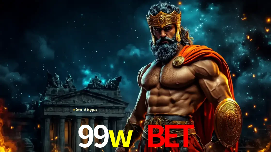 O poderoso Zeus do jogo de slot Gates of Olympus em frente ao seu templo, pronto para lançar multiplicadores divinos e prêmios épicos no cassino online 99w bet.