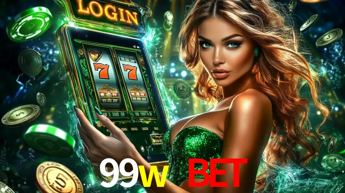 Mulher com tema verde apresentando o aplicativo do cassino 99w bet com um jogo de slot de 777, cercada por fichas de cassino e uma aura de sorte.