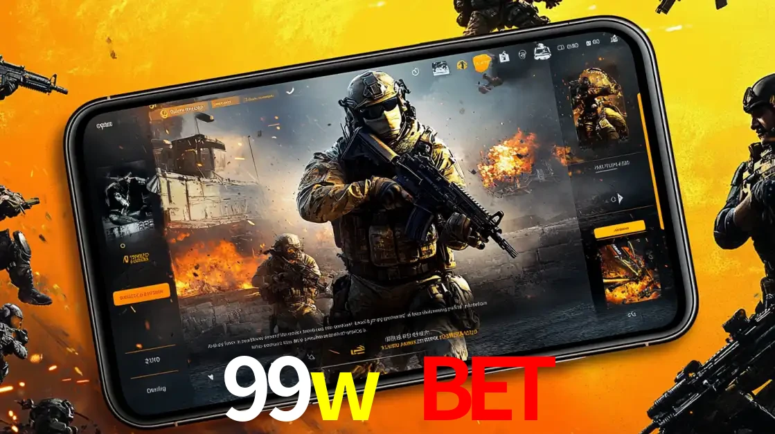 Um smartphone exibindo a interface de um jogo de tiro em primeira pessoa, com um soldado em um cenário de batalha, representando a ação dos e-sports para apostar no 99w bet.