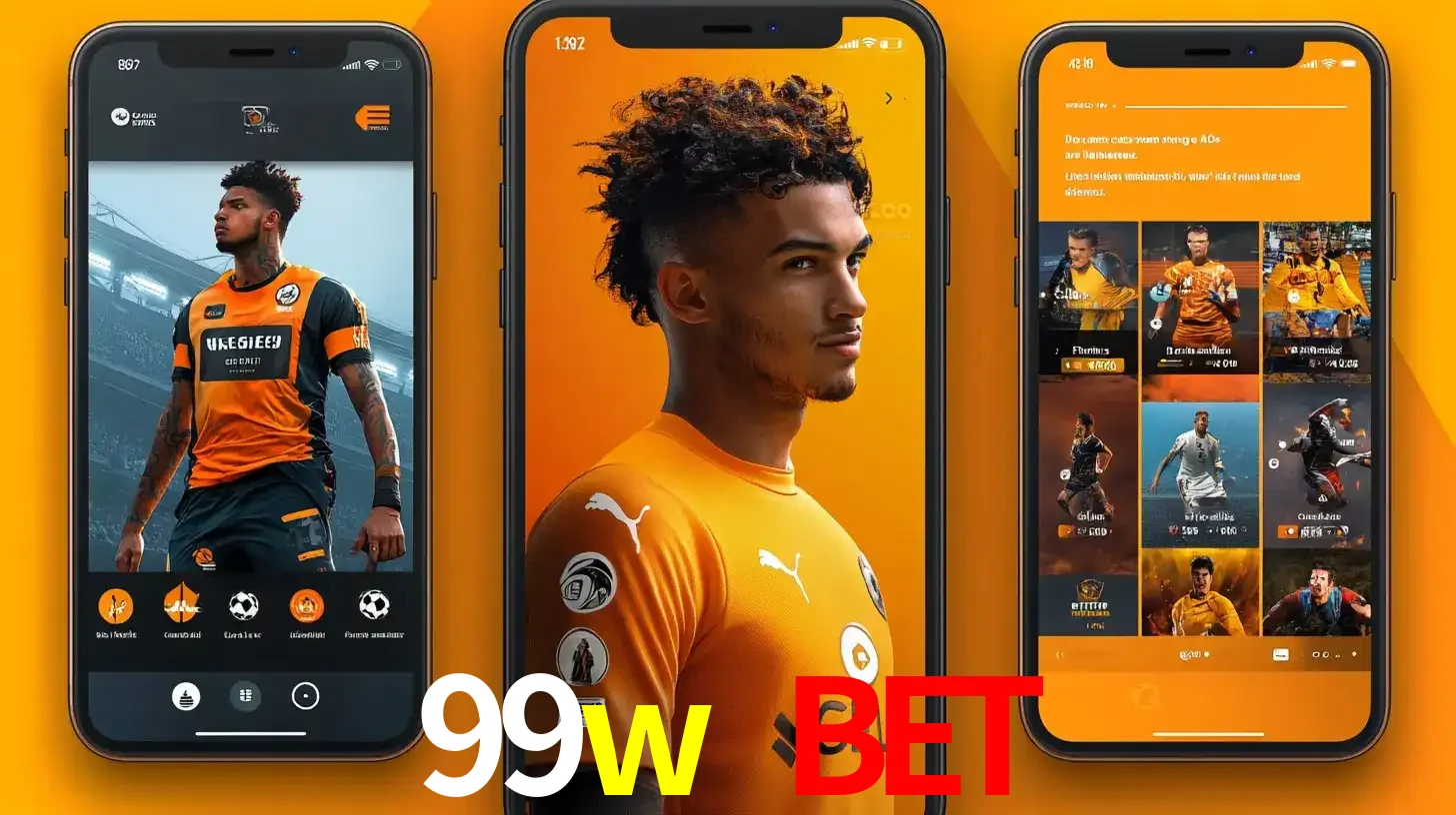 Interface do aplicativo de apostas esportivas 99w bet em três telas de celular, mostrando o perfil de um jogador de futebol e a lista de jogos disponíveis para apostar.