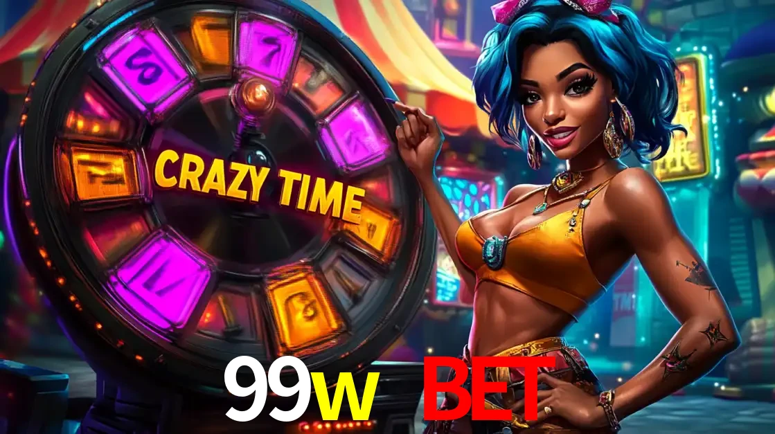 Mulher estilizada com cabelo azul e visual vibrante posando ao lado da roda de prêmios do game show Crazy Time, convidando para a diversão e os bônus do cassino 99w bet.