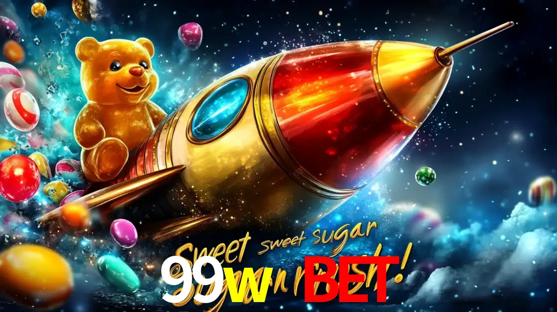 Arte promocional do jogo de slot Sugar Rush, com um urso de pelúcia em um foguete viajando pelo espaço de doces, um dos jogos divertidos disponíveis no cassino 99w bet.