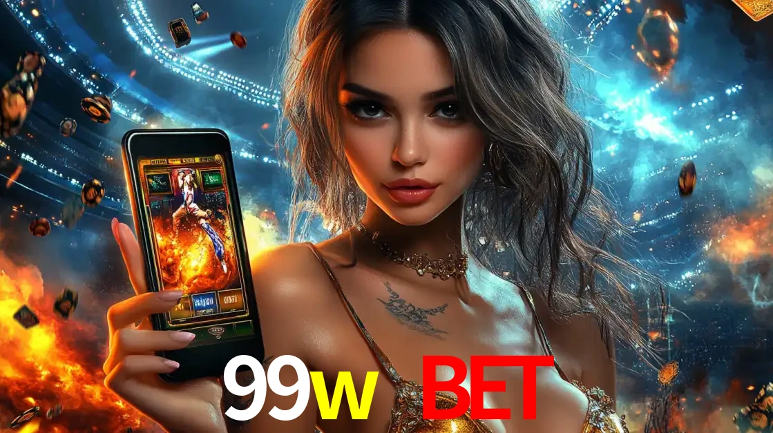 Mulher segurando um celular com um jogo de slot em destaque, tendo como fundo um estádio vibrante, simbolizando a emoção de jogar no cassino móvel 99w bet.