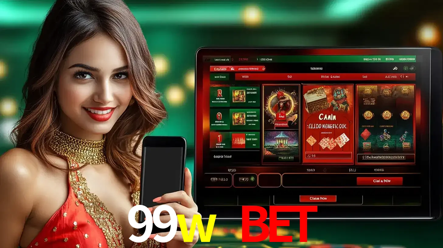 Mulher sorridente segurando um smartphone, ao lado de uma tela exibindo o lobby de jogos do cassino online 99w bet, com várias opções de jogos de cartas e slots.